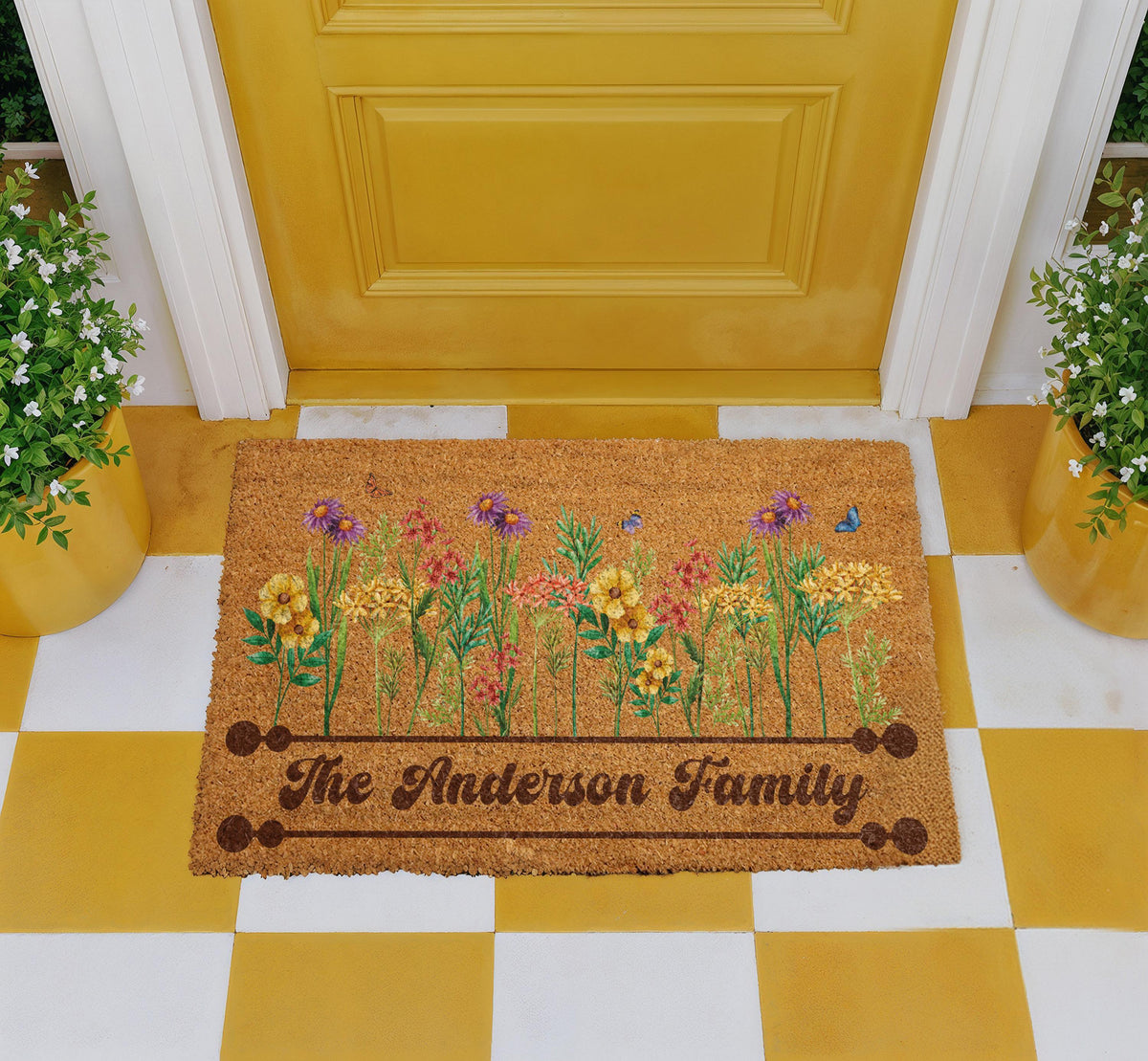 Custom Family Name Wildflower Meadow Doormat, Boho Spring Welcome Mat