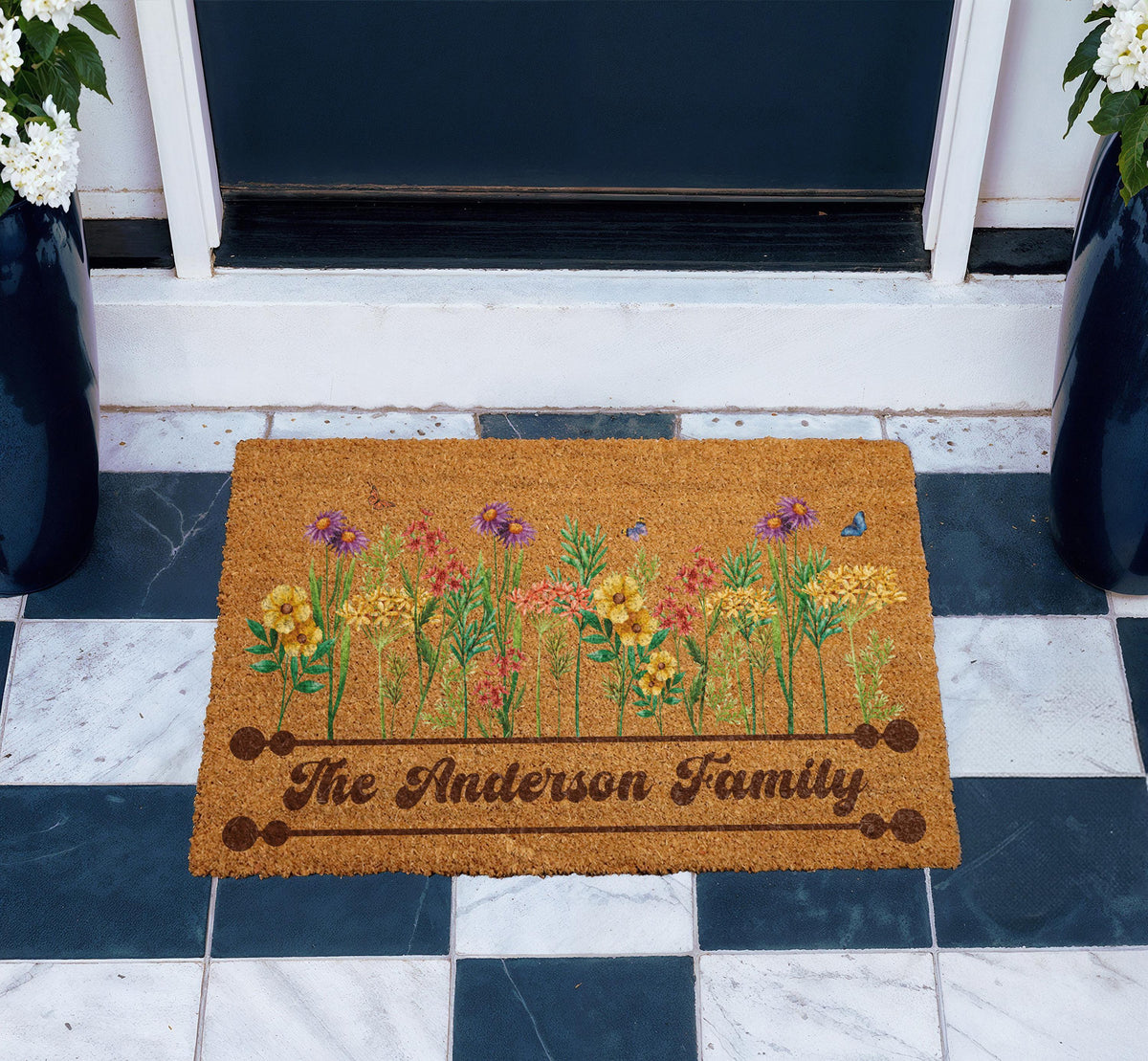 Custom Family Name Wildflower Meadow Doormat, Boho Spring Welcome Mat