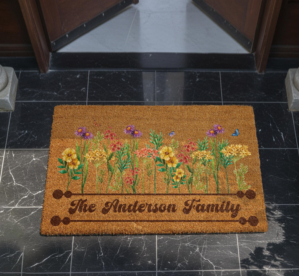 Custom Family Name Wildflower Meadow Doormat, Boho Spring Welcome Mat