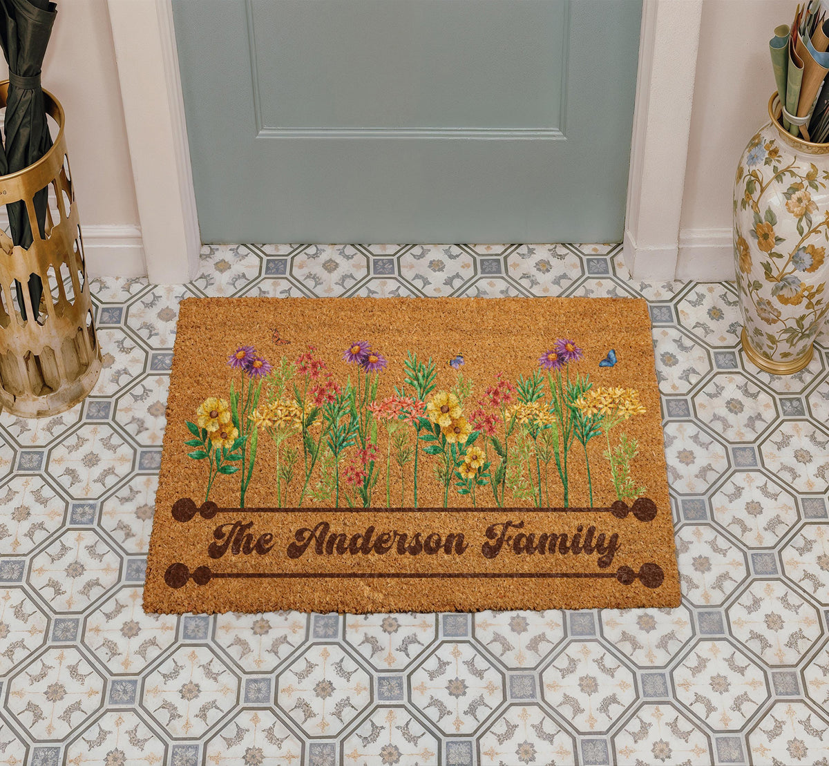 Custom Family Name Wildflower Meadow Doormat, Boho Spring Welcome Mat