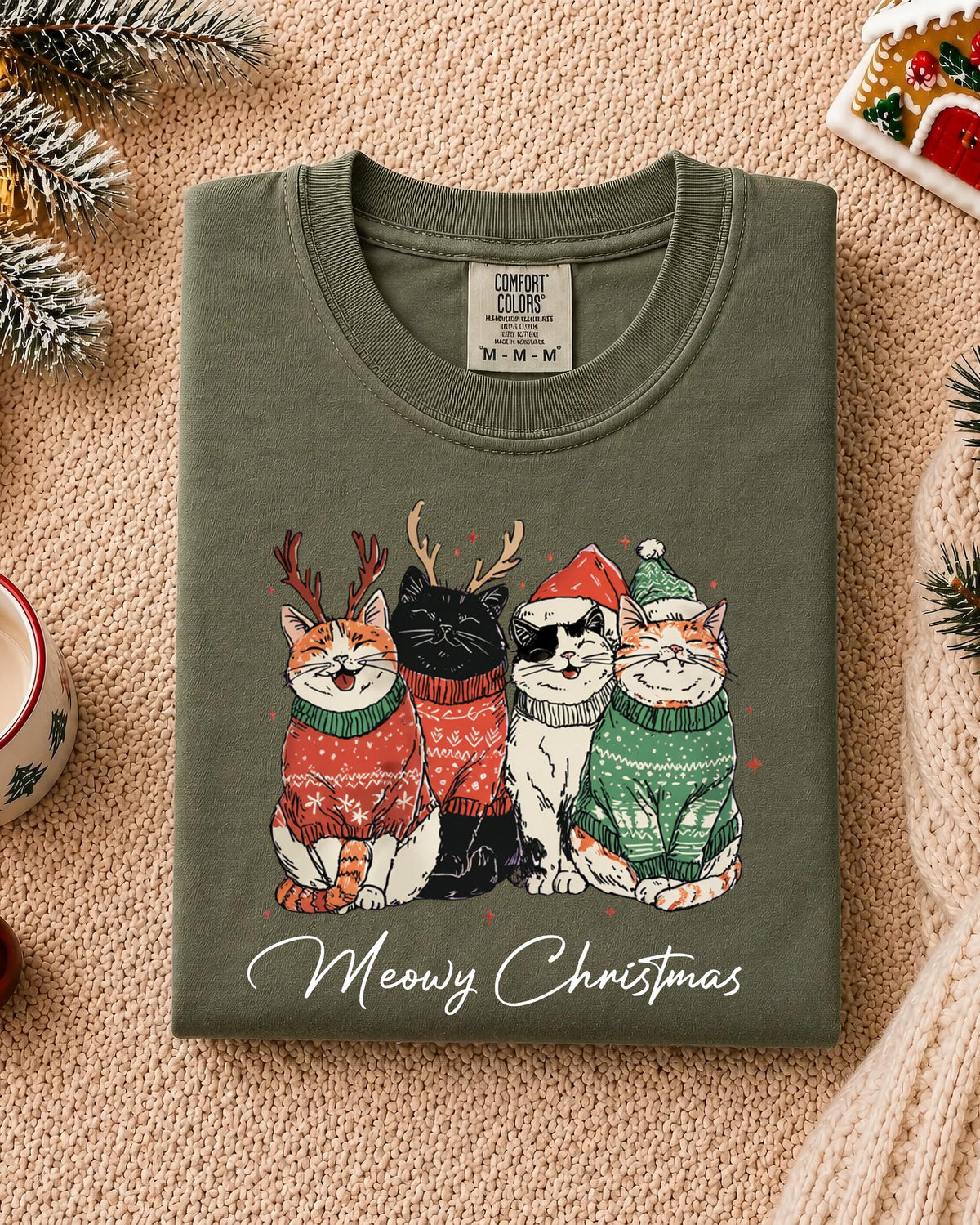 Meowy Christmas Comfort Colors® T-Shirt, Cat Mom Xmas Tee, Cat Lover Holiday Gift