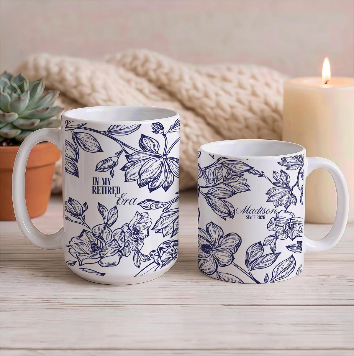 Personalized Retired Era Floral Ceramic Mug, Boho Botanical Retirement Coffee Cup