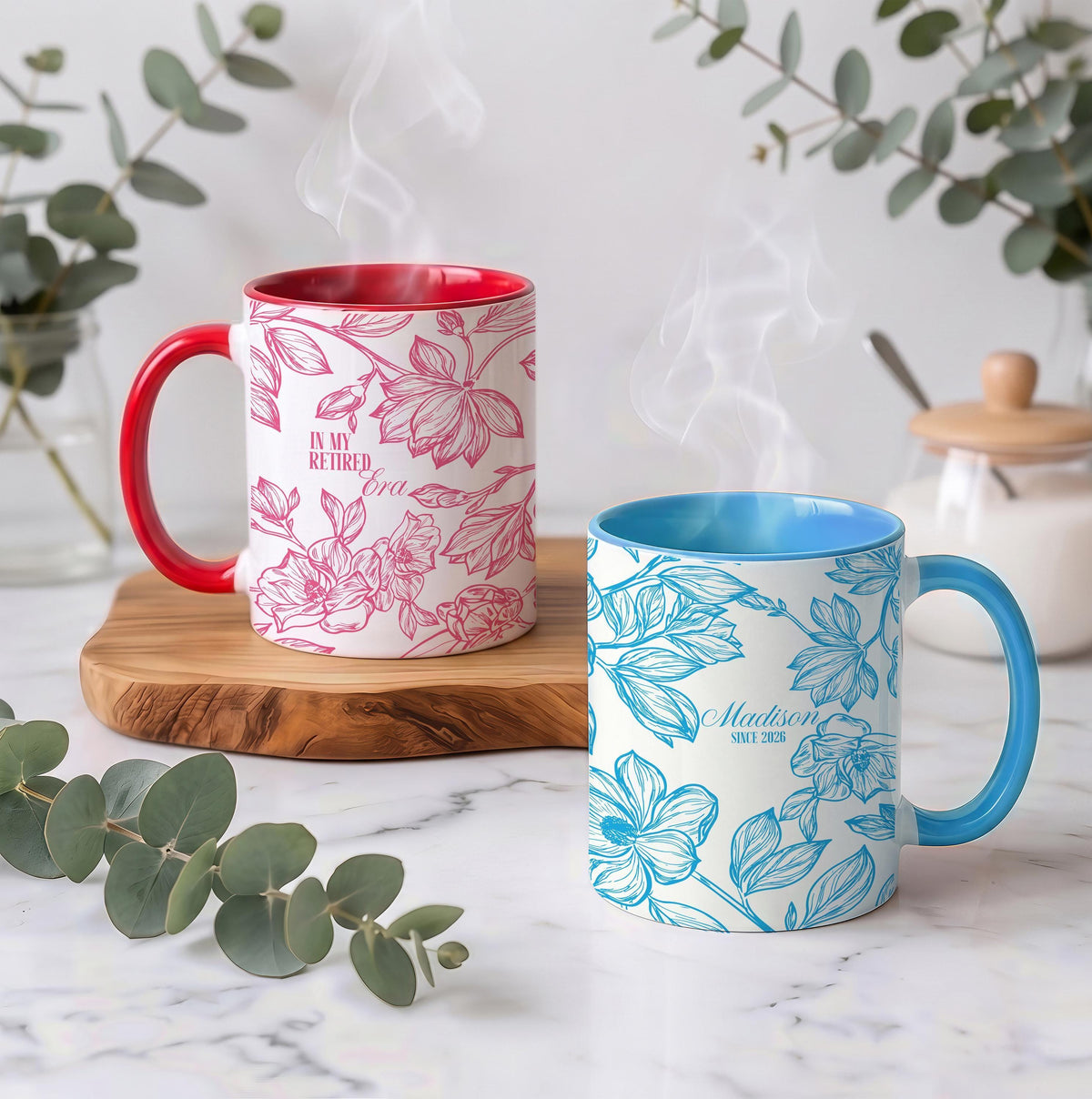Personalized Retired Era Floral Ceramic Mug, Boho Botanical Retirement Coffee Cup