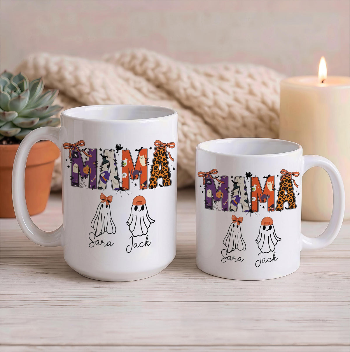 Personalized Halloween Mama Coffee Mug, Spooky Season Mom Cup with Kids Name