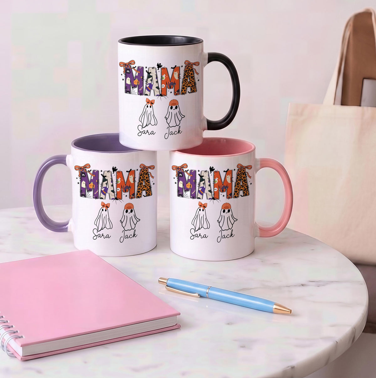 Personalized Halloween Mama Coffee Mug, Spooky Season Mom Cup with Kids Name