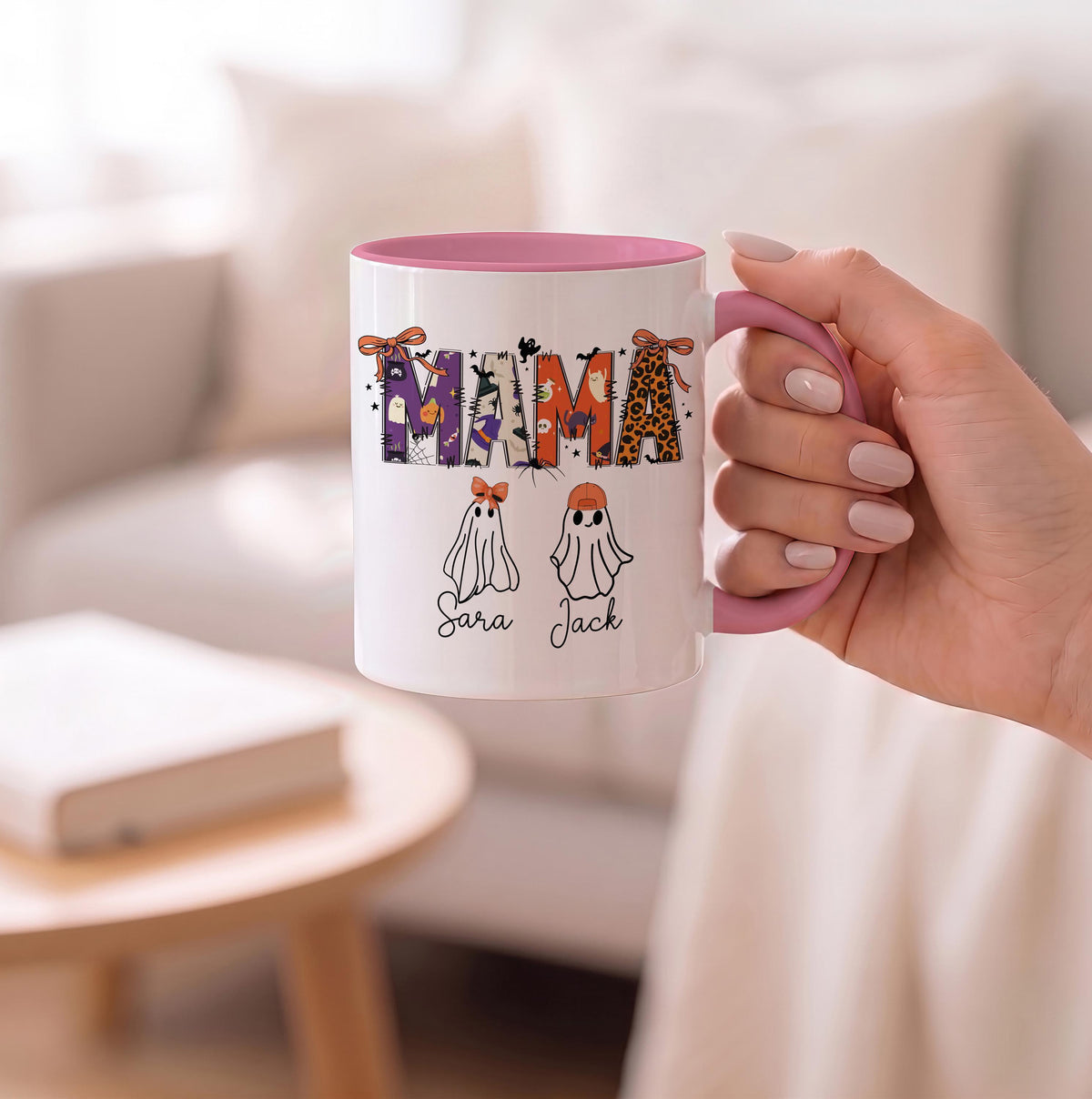 Personalized Halloween Mama Coffee Mug, Spooky Season Mom Cup with Kids Name