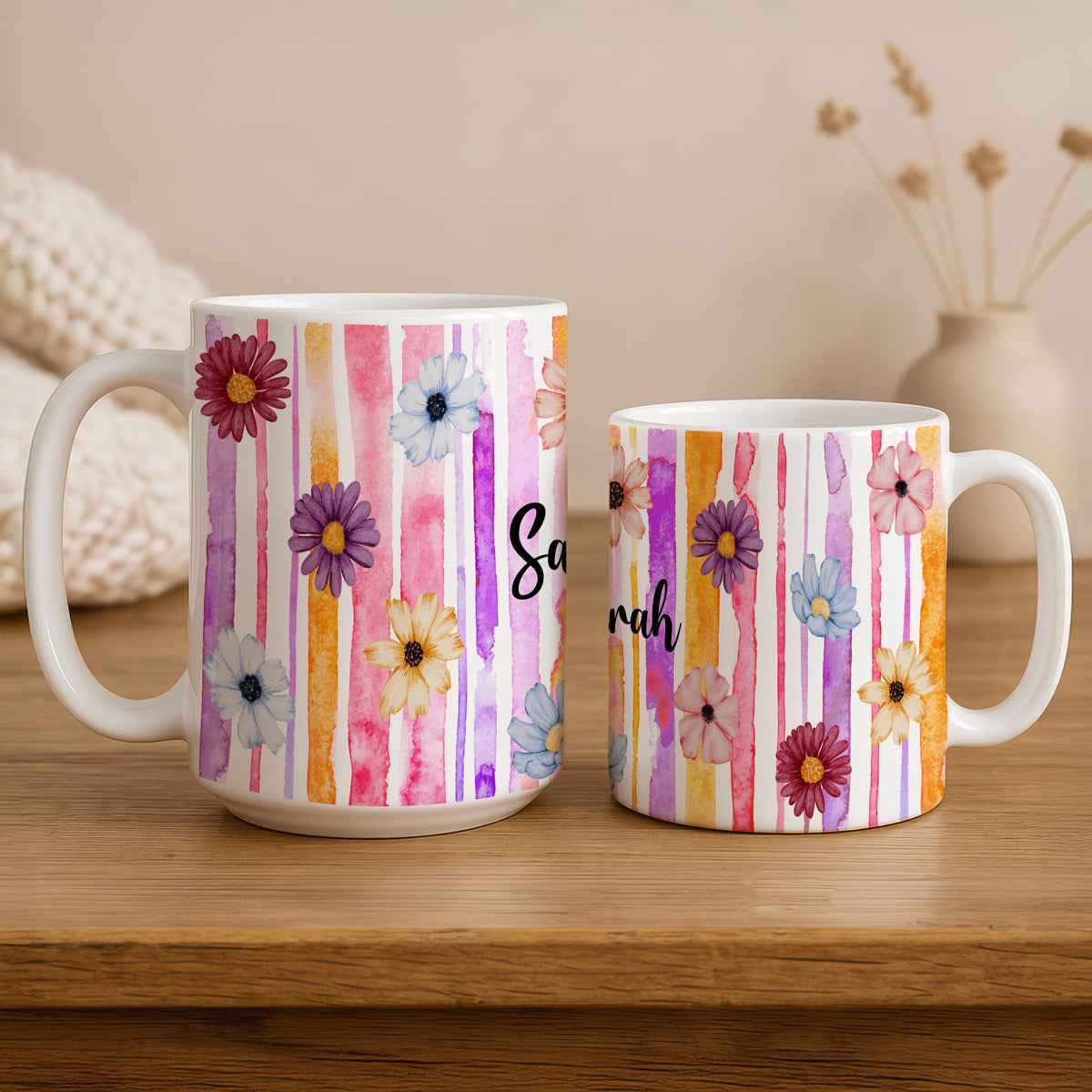 Custom Name Colorful Daisy Flower Coffee Mug, Floral Watercolor Striped Ceramic Cup