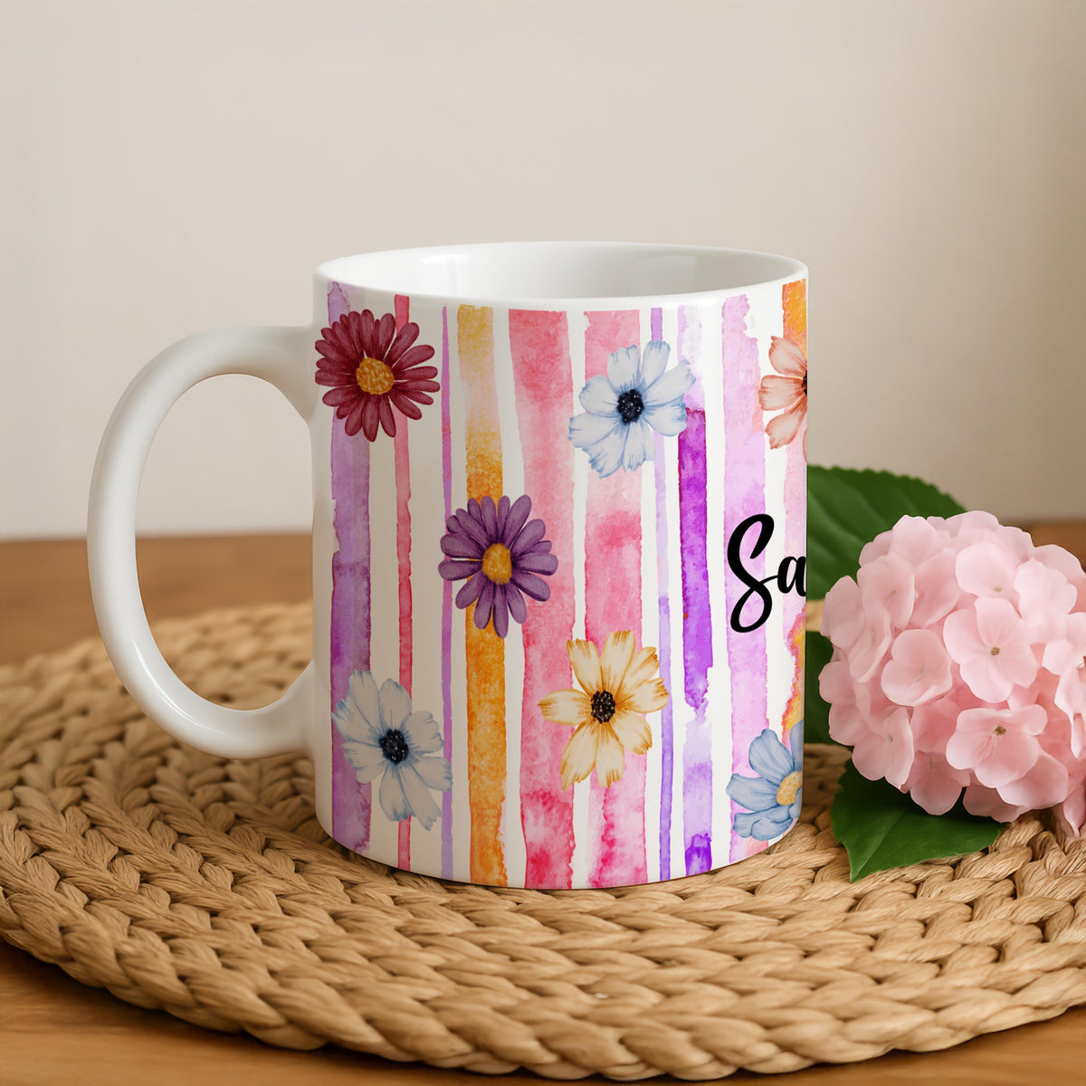 Custom Name Colorful Daisy Flower Coffee Mug, Floral Watercolor Striped Ceramic Cup