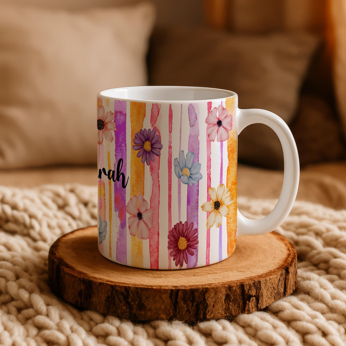 Custom Name Colorful Daisy Flower Coffee Mug, Floral Watercolor Striped Ceramic Cup