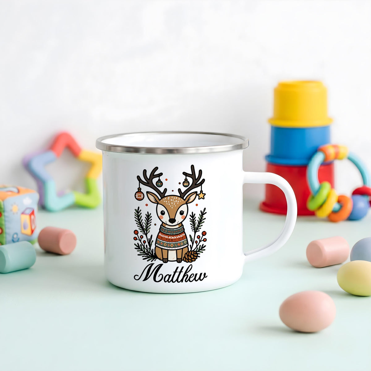 Personalized Christmas Enamel Mug, Custom Name Winter Drinkware