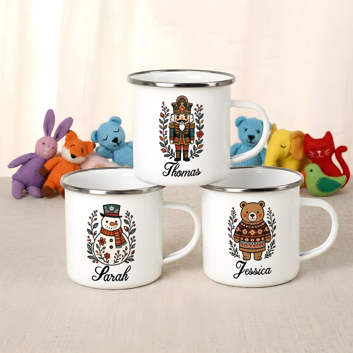 Personalized Christmas Enamel Mug, Custom Name Winter Drinkware