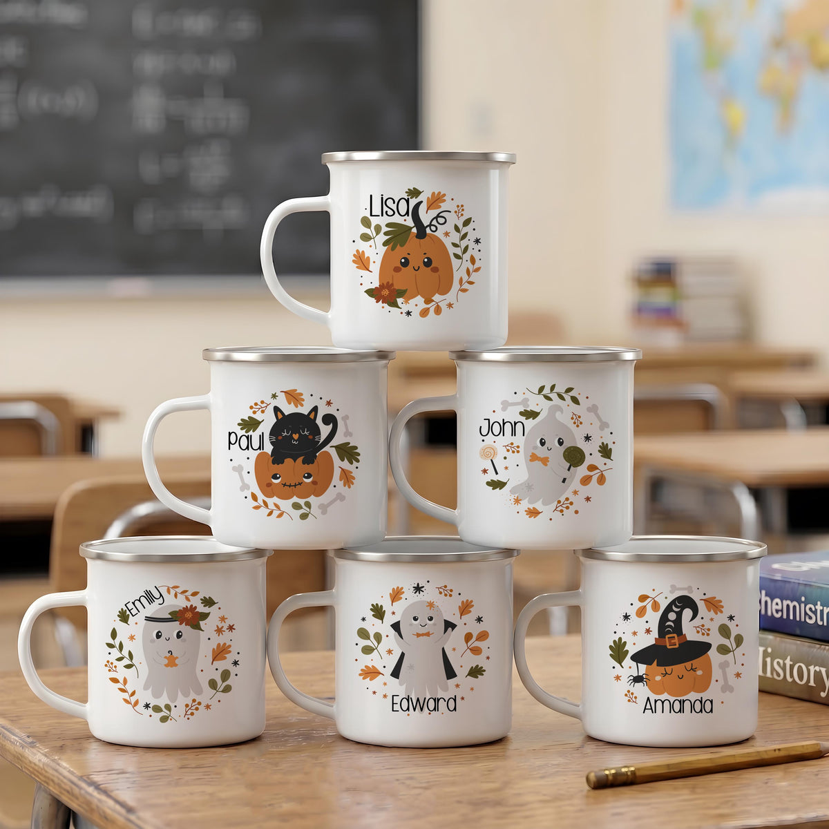 Personalized Halloween Enamel Mug, Custom Name Spooky Coffee Cup, Kids Camping Gift