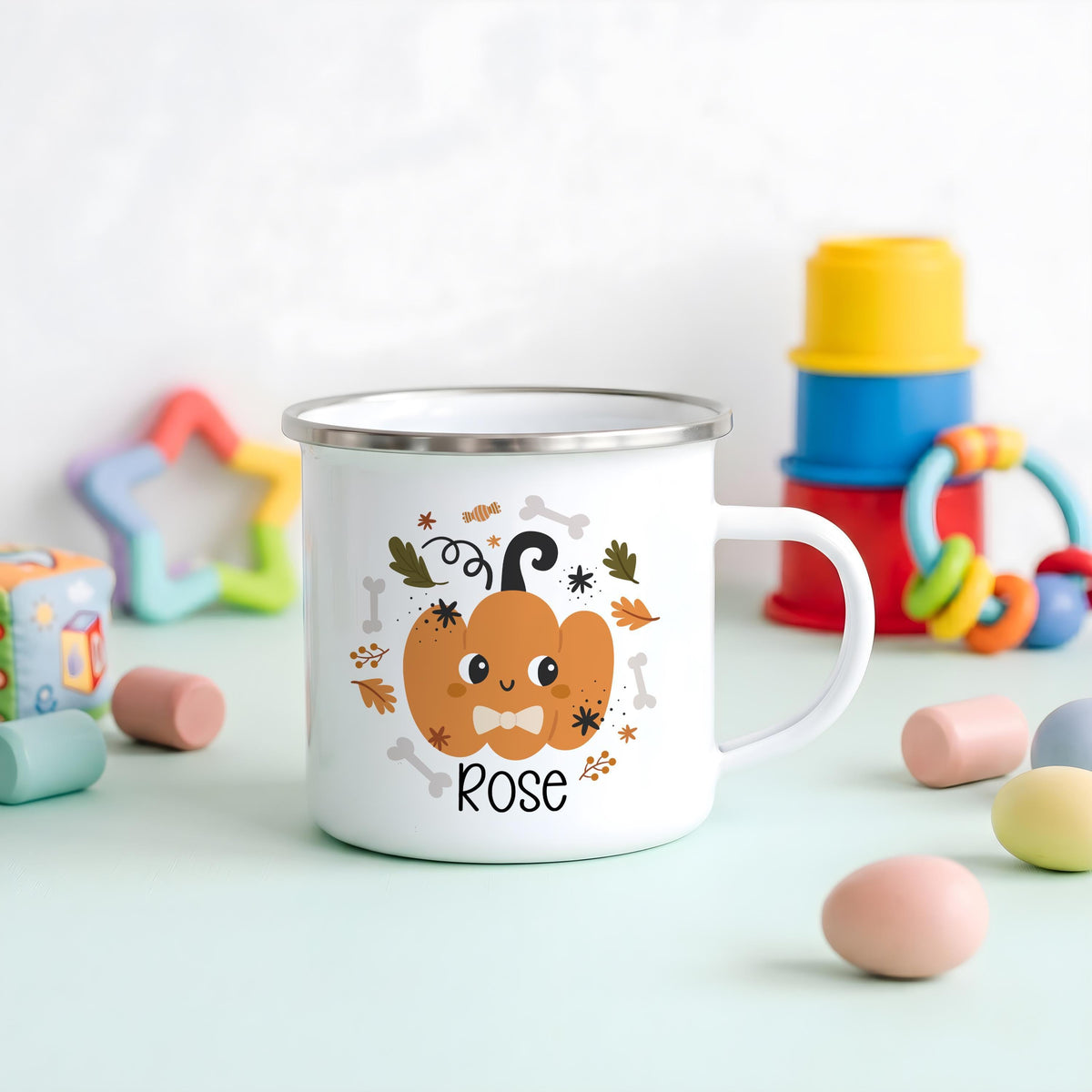 Personalized Halloween Enamel Mug, Custom Name Spooky Coffee Cup, Kids Camping Gift