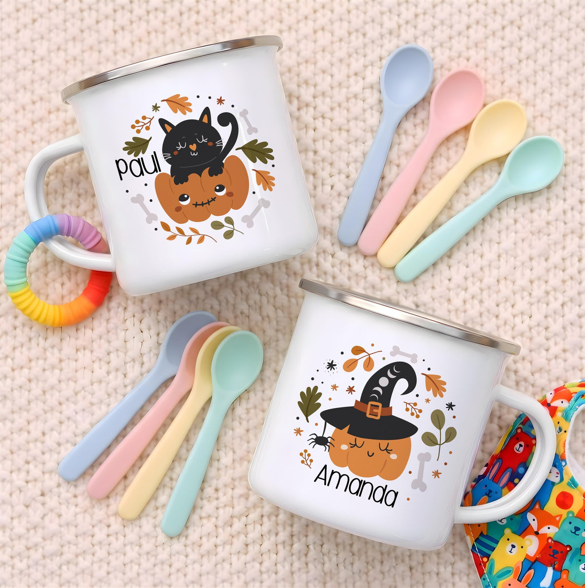 Personalized Halloween Enamel Mug, Custom Name Spooky Coffee Cup, Kids Camping Gift