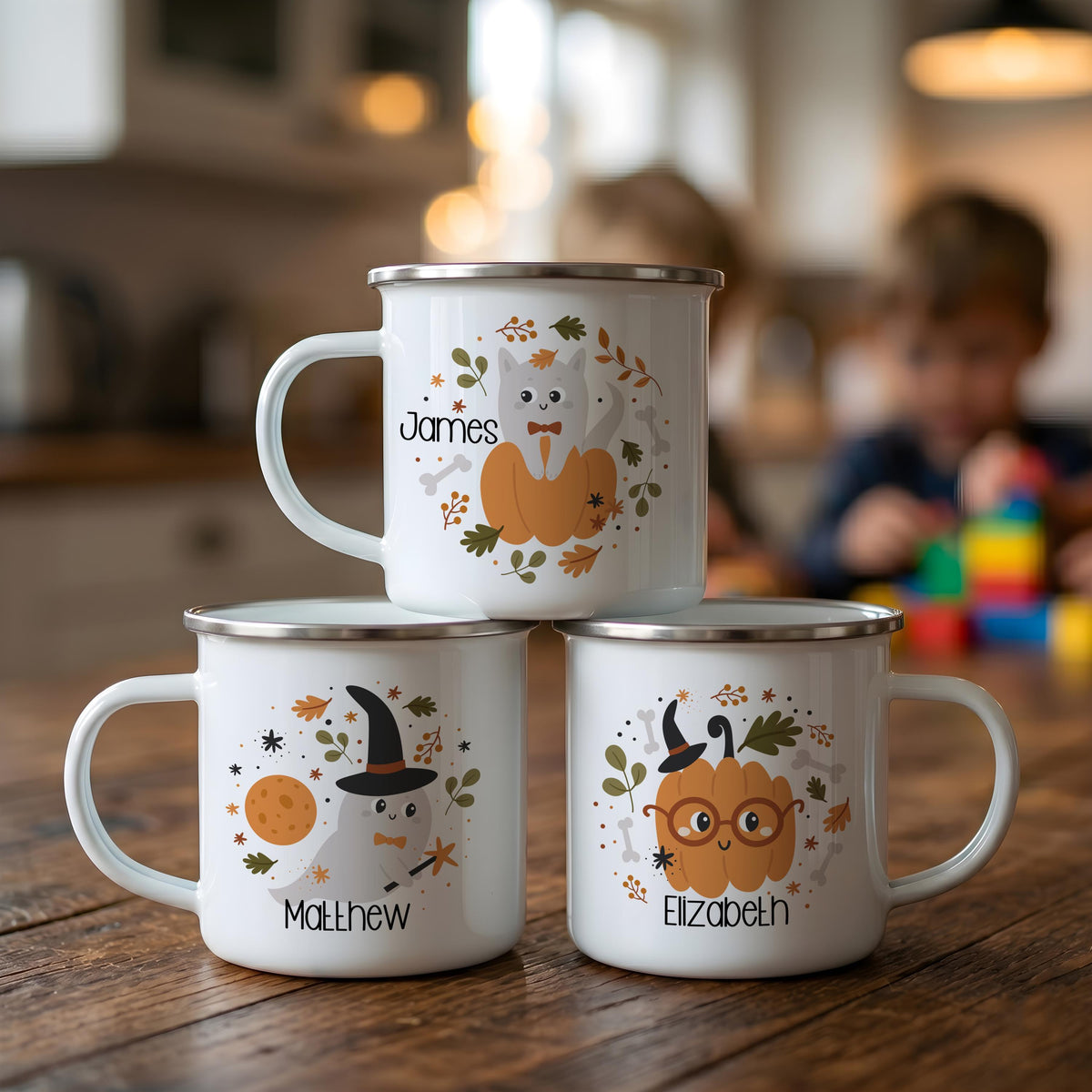 Personalized Halloween Enamel Mug, Custom Name Spooky Coffee Cup, Kids Camping Gift