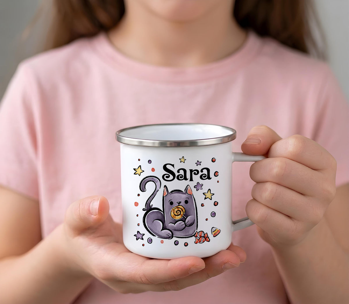 Custom Name Halloween Enamel Mug, Spooky Kids Camp Cup, Ghost Pumpkin Cat Drinkware