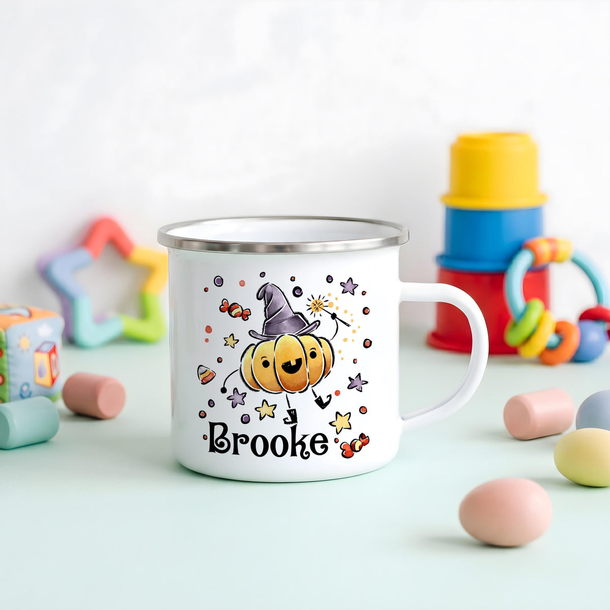 Custom Name Halloween Enamel Mug, Spooky Kids Camp Cup, Ghost Pumpkin Cat Drinkware
