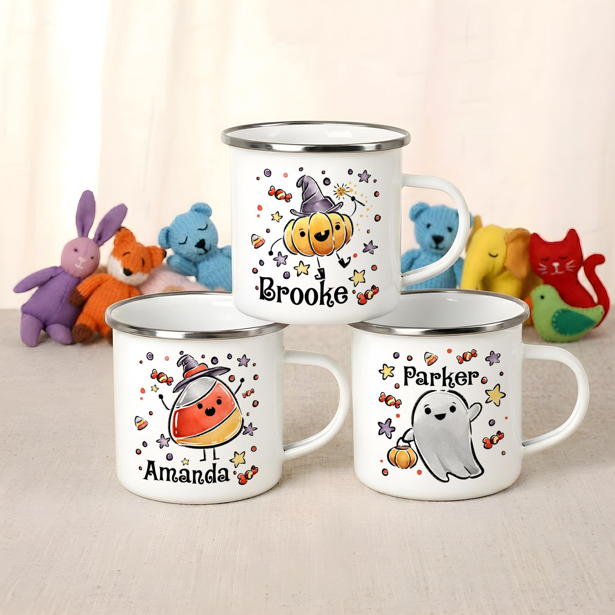 Custom Name Halloween Enamel Mug, Spooky Kids Camp Cup, Ghost Pumpkin Cat Drinkware