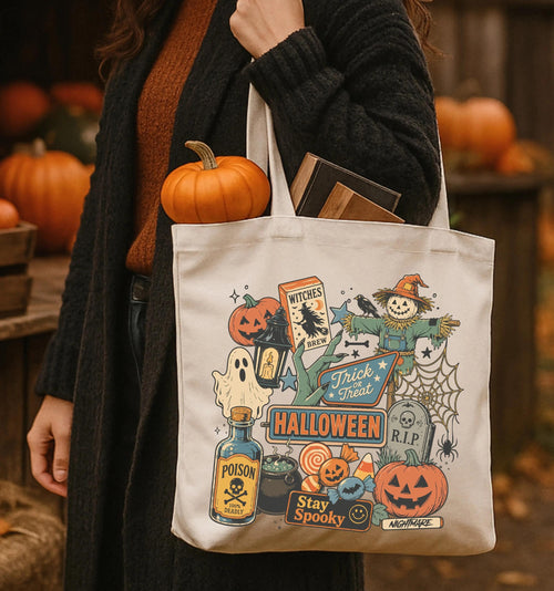 Ghost & Pumpkin Tote Bag, Spooky Season Tote, Halloween Gift Tote Bag