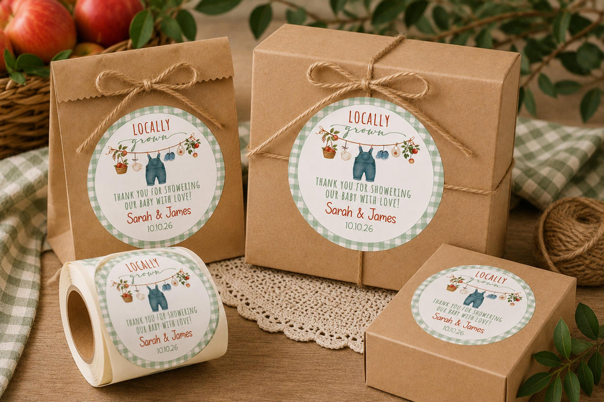 Locally Grown Baby Shower Stickers, Farmer Theme Favor Labels, Personalized Celebration Stickers