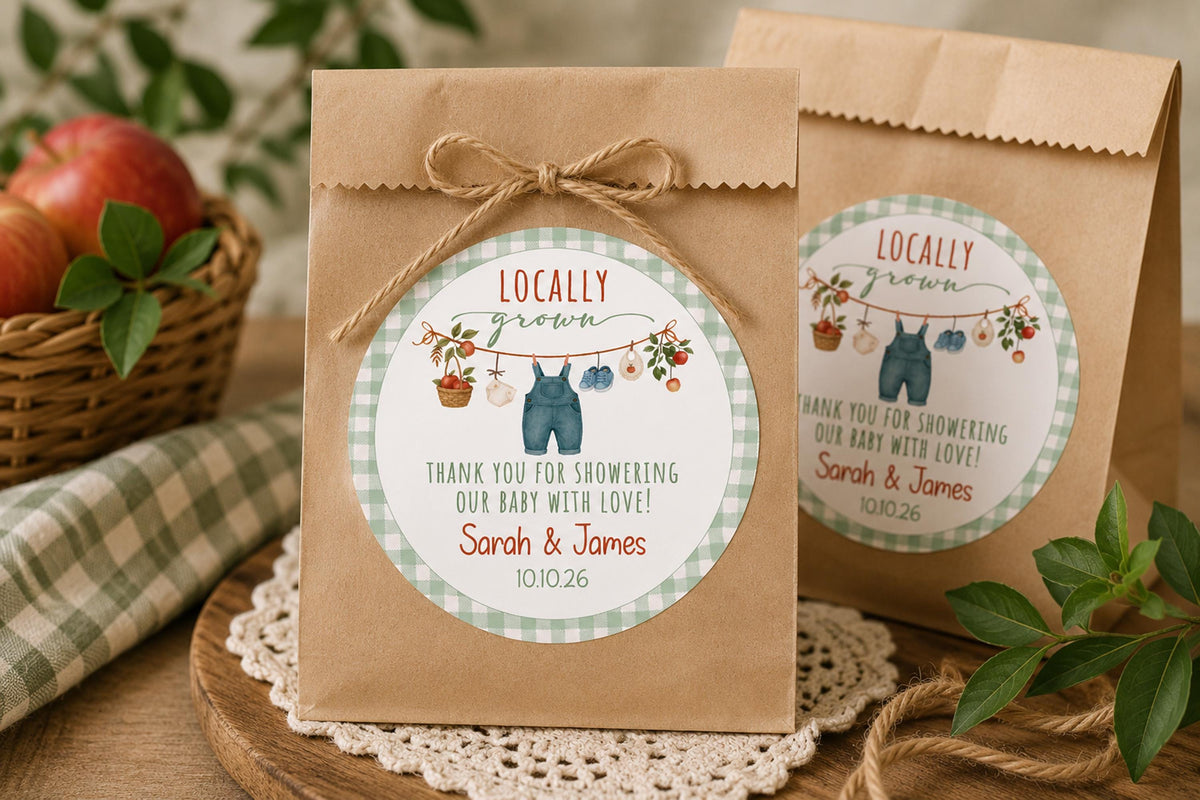Locally Grown Baby Shower Stickers, Farmer Theme Favor Labels, Personalized Celebration Stickers
