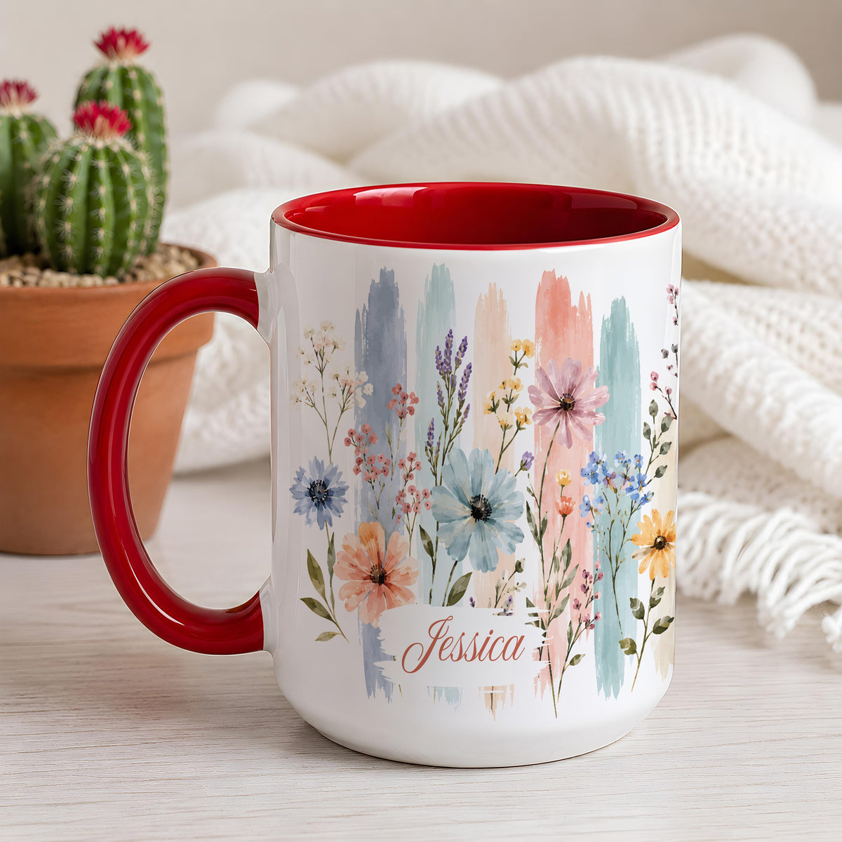 Custom Name Watercolor Floral Coffee Mug, Personalized Wildflower Ceramic Tea Cup