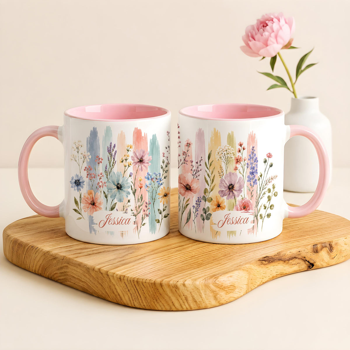 Custom Name Watercolor Floral Coffee Mug, Personalized Wildflower Ceramic Tea Cup