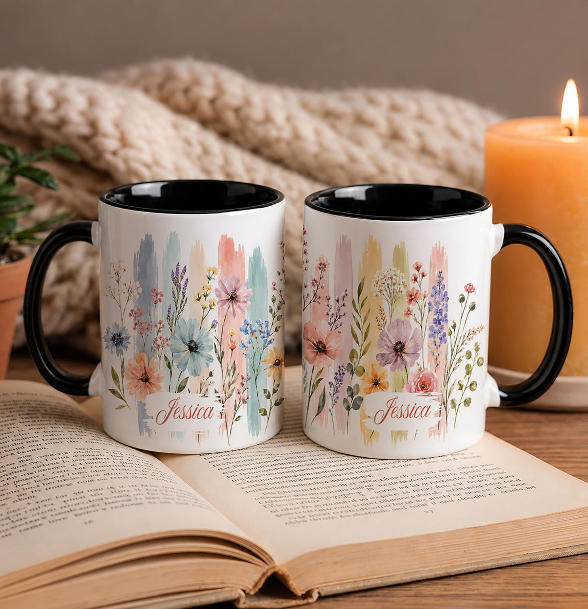 Custom Name Watercolor Floral Coffee Mug, Personalized Wildflower Ceramic Tea Cup