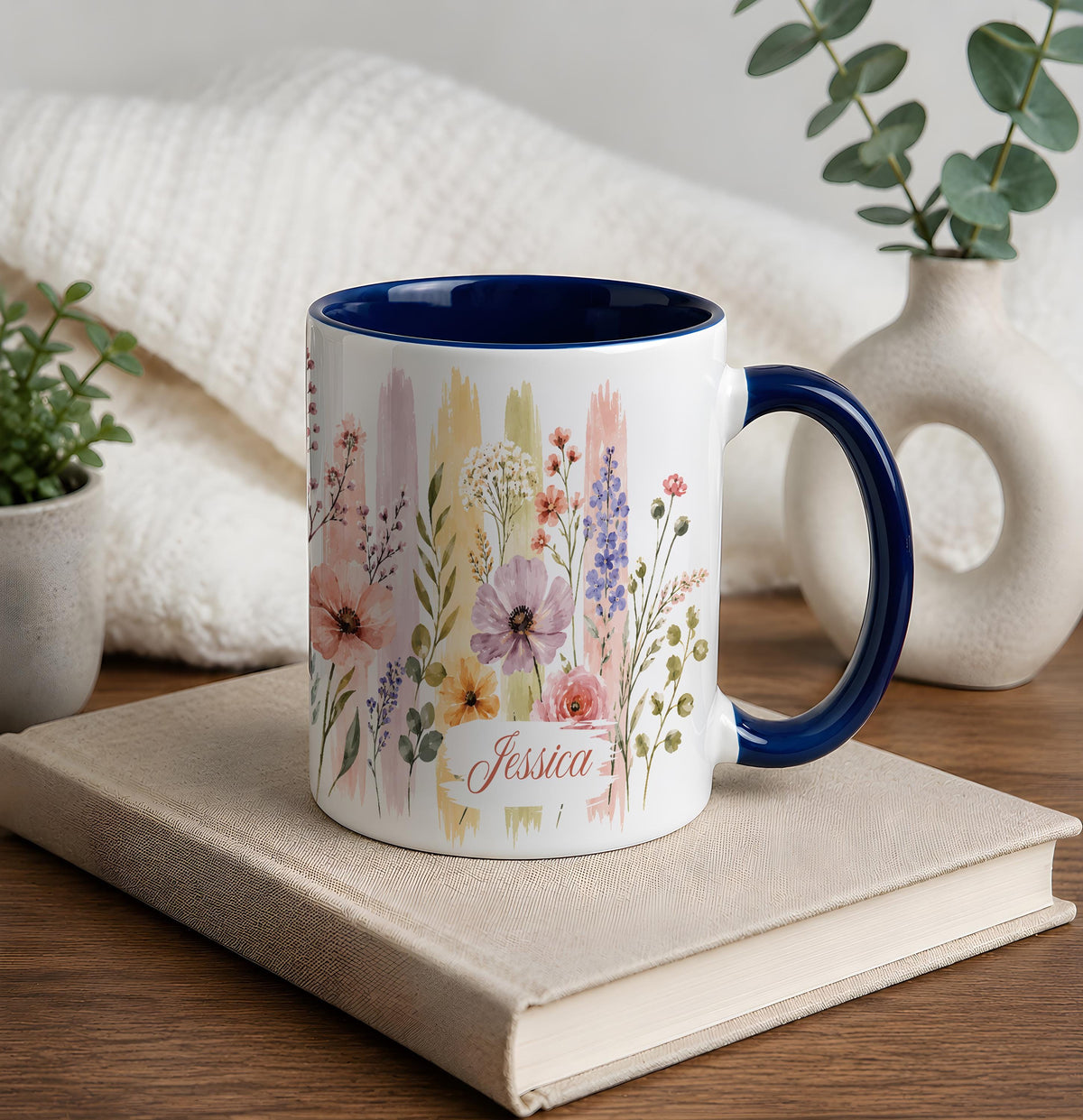 Custom Name Watercolor Floral Coffee Mug, Personalized Wildflower Ceramic Tea Cup
