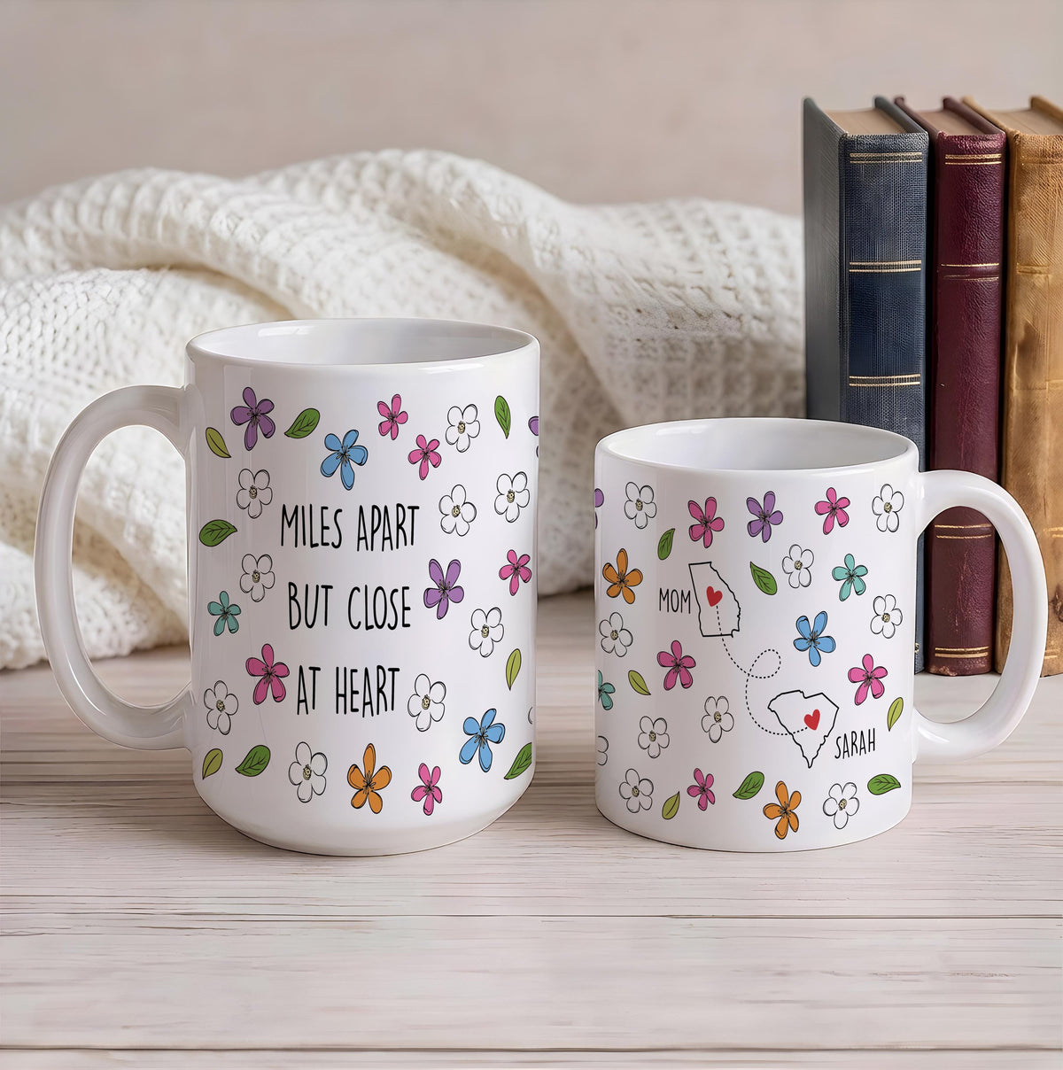 Personalized Miles Apart But Close At Heart Coffee Mug, Custom Floral States Map Ceramic Cup