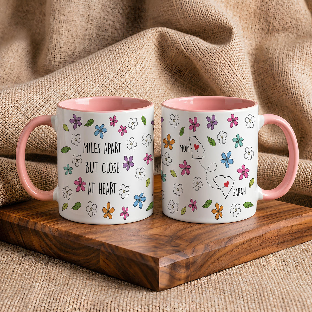 Personalized Miles Apart But Close At Heart Coffee Mug, Custom Floral States Map Ceramic Cup
