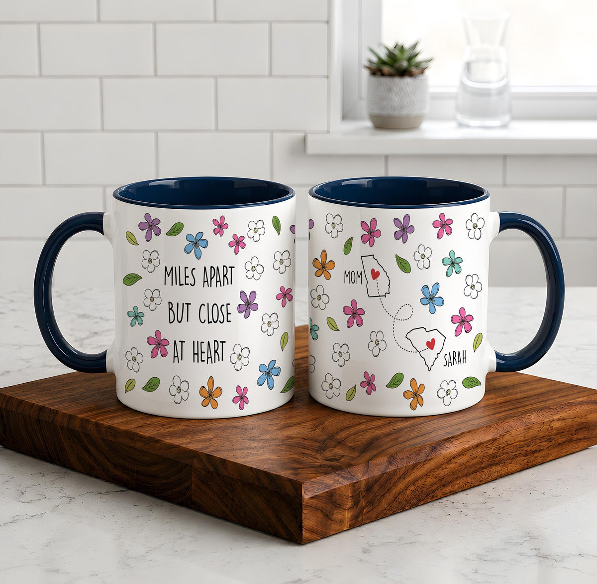 Personalized Miles Apart But Close At Heart Coffee Mug, Custom Floral States Map Ceramic Cup