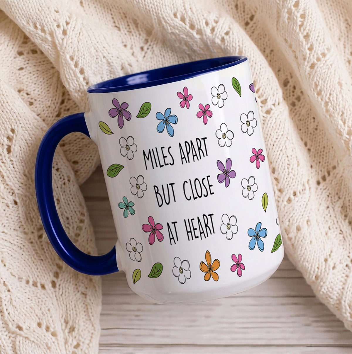 Personalized Miles Apart But Close At Heart Coffee Mug, Custom Floral States Map Ceramic Cup