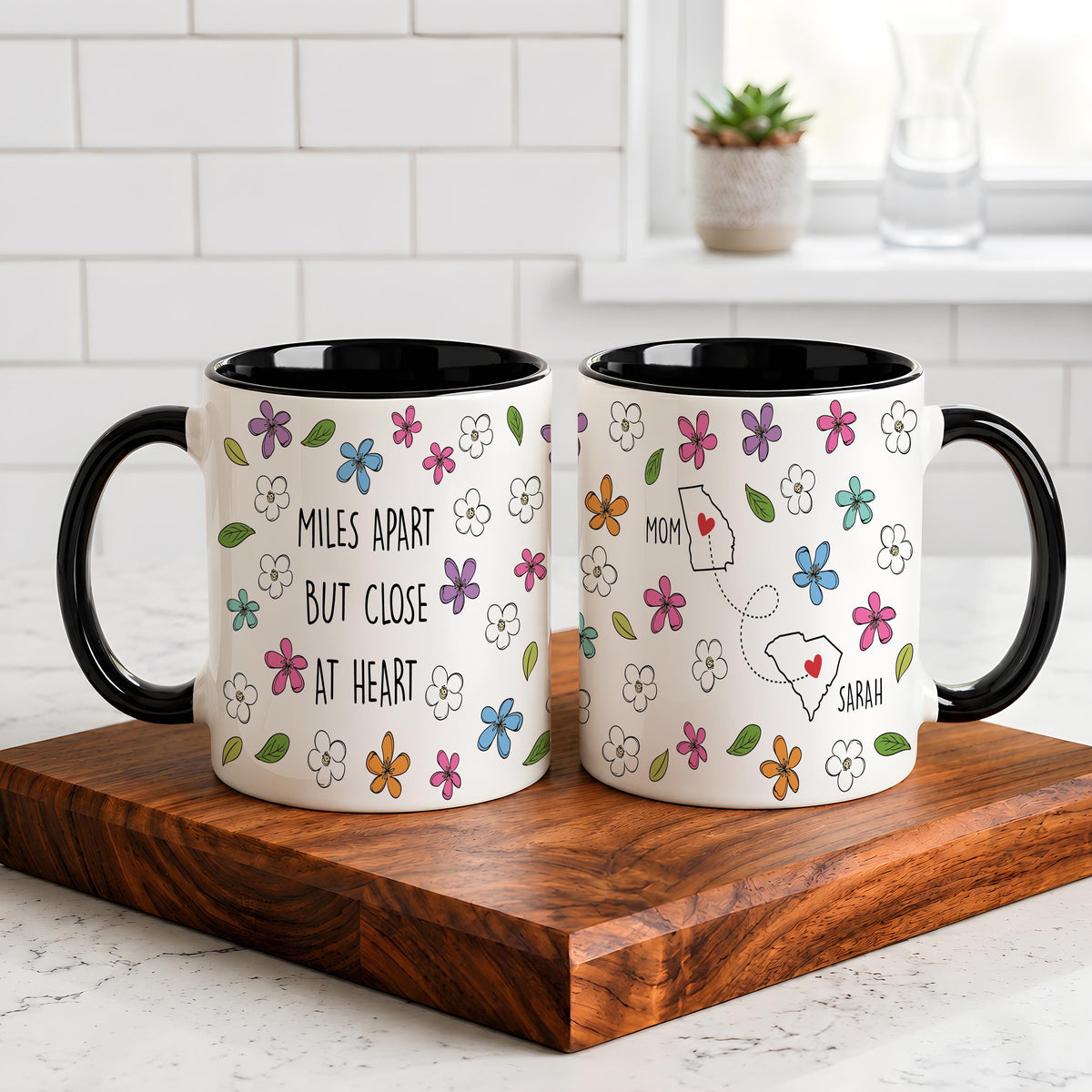Personalized Miles Apart But Close At Heart Coffee Mug, Custom Floral States Map Ceramic Cup
