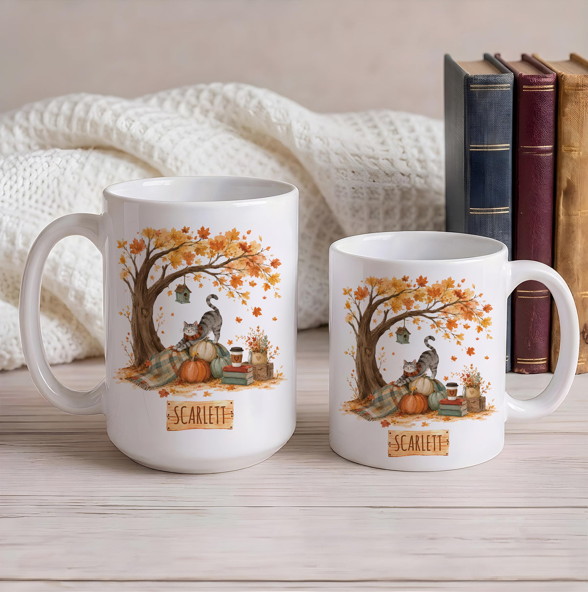 Custom Name Cozy Fall Cat Ceramic Mug, Aesthetic Autumnal Maple Tree Coffee Cup