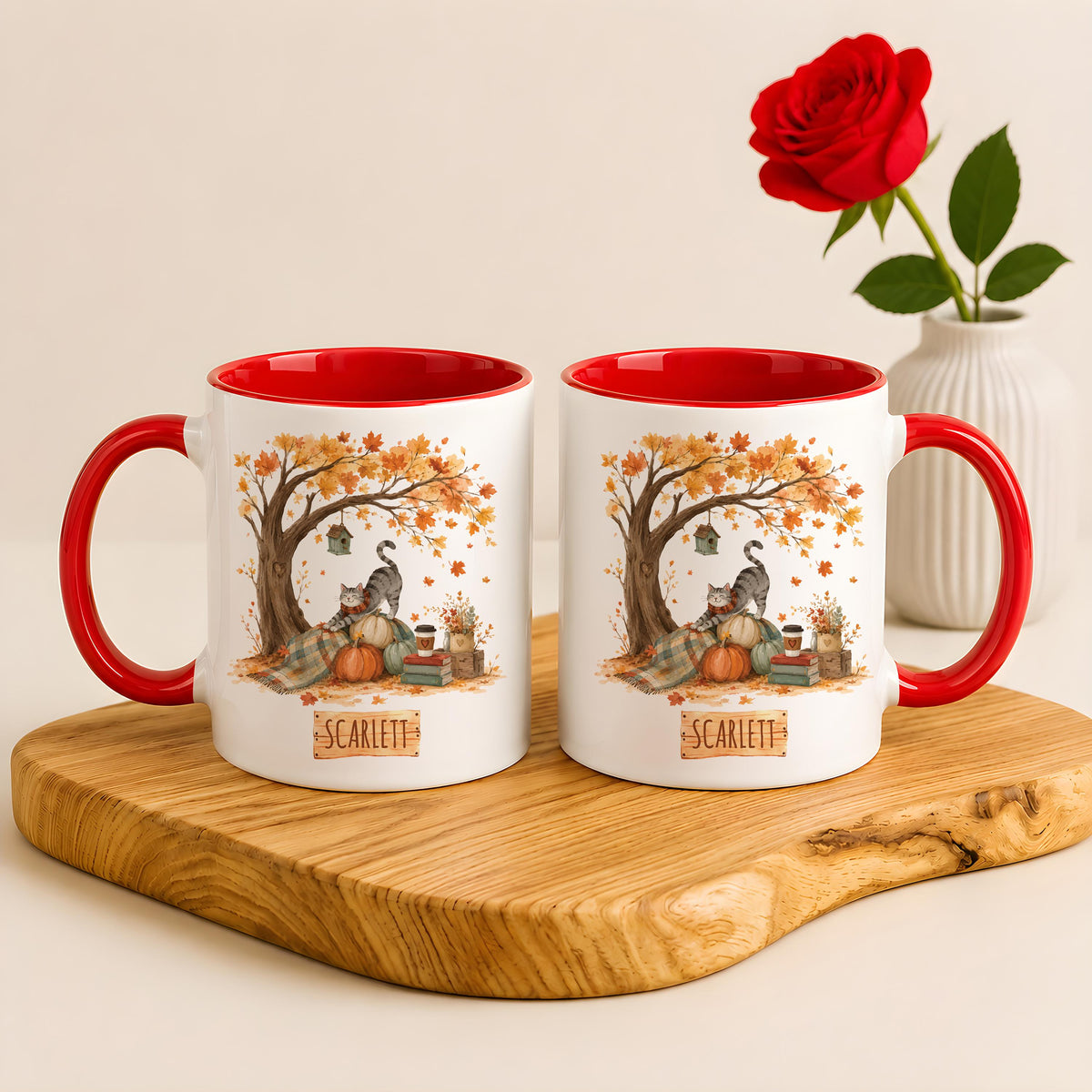 Custom Name Cozy Fall Cat Ceramic Mug, Aesthetic Autumnal Maple Tree Coffee Cup