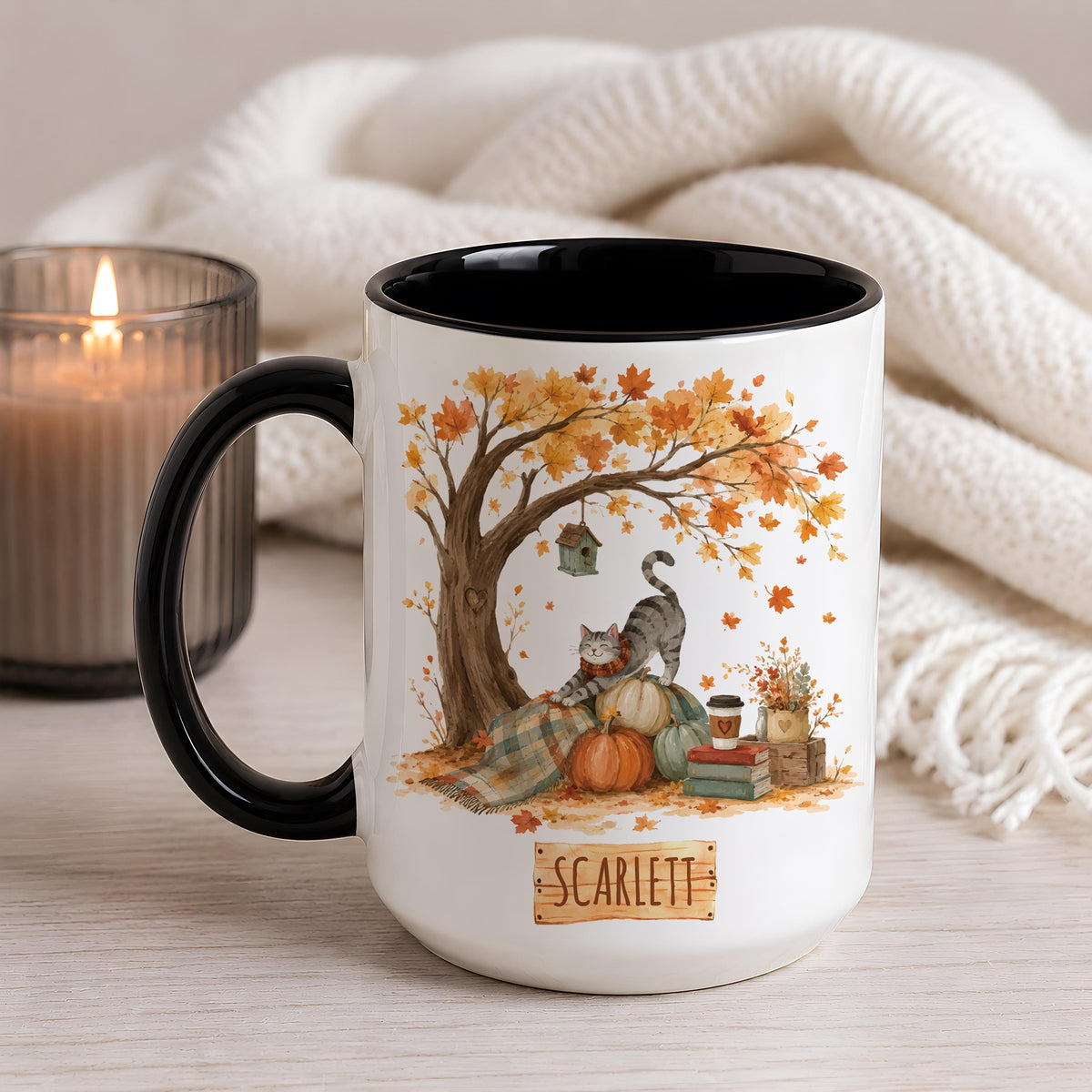 Custom Name Cozy Fall Cat Ceramic Mug, Aesthetic Autumnal Maple Tree Coffee Cup