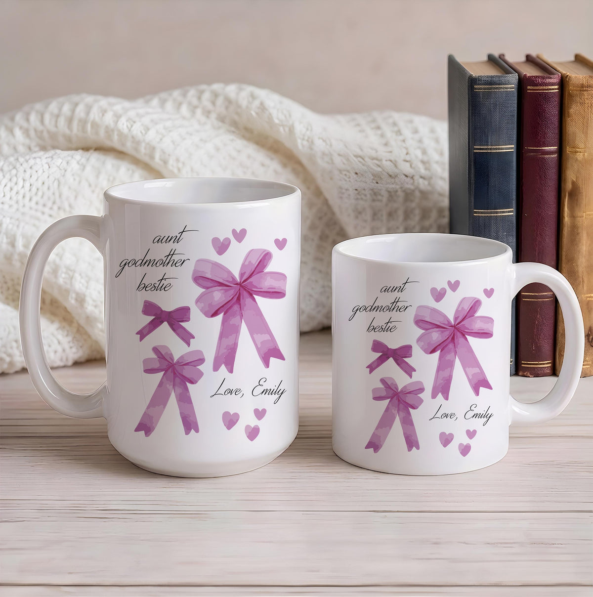 Personalized Aunt Godmother Bestie Ceramic Cup, Colorful Coquette Ribbon Bow Coffee Mug