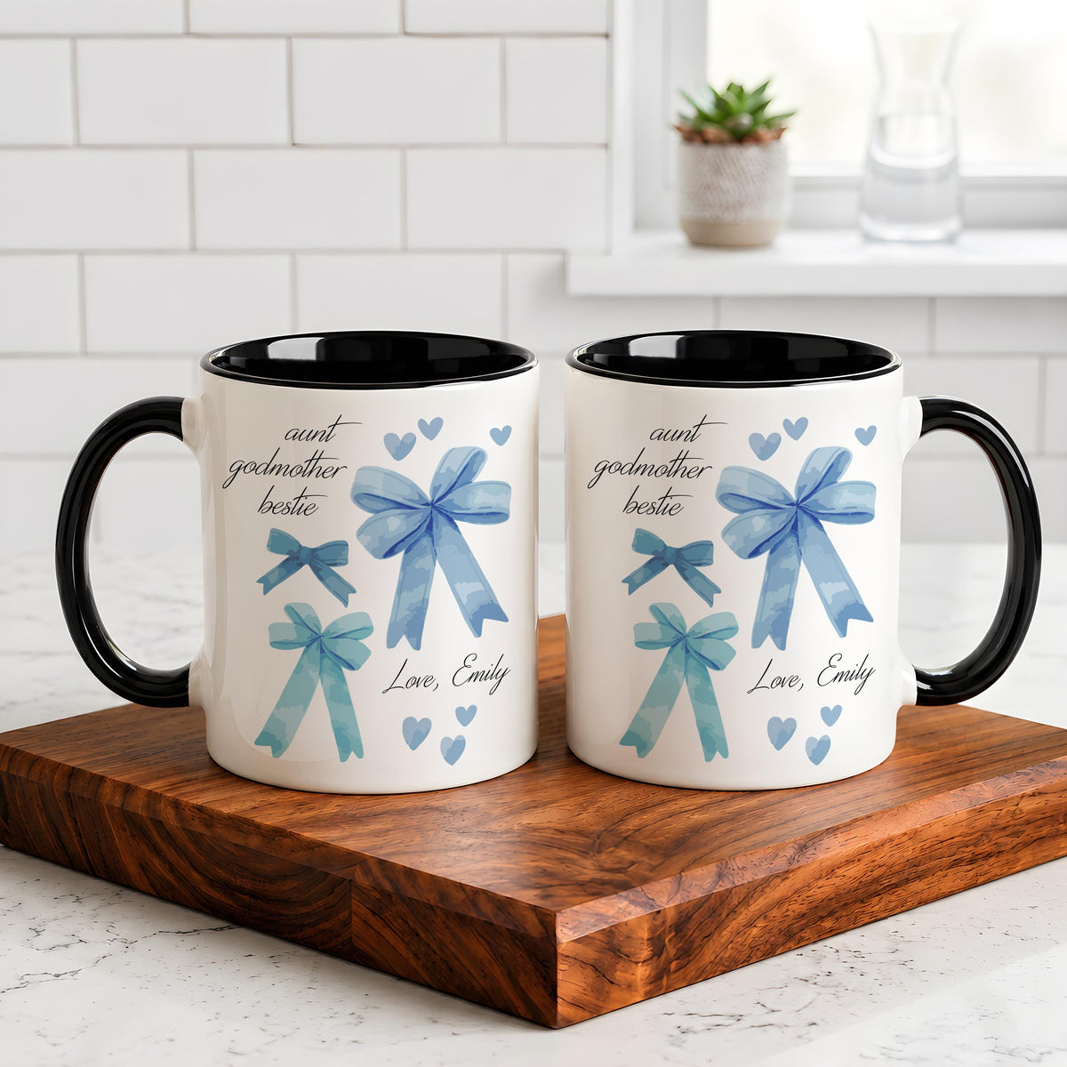 Personalized Aunt Godmother Bestie Ceramic Cup, Colorful Coquette Ribbon Bow Coffee Mug