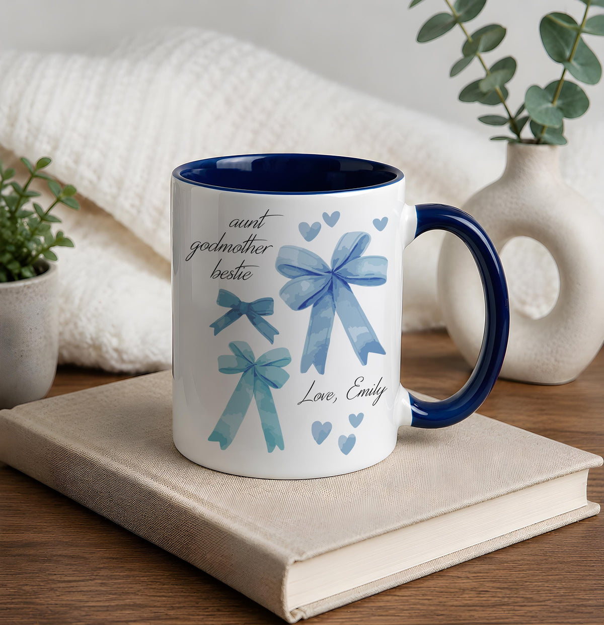 Personalized Aunt Godmother Bestie Ceramic Cup, Colorful Coquette Ribbon Bow Coffee Mug