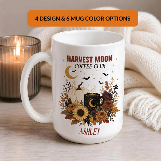 Custom Harvest Moon Coffee Club Mug, Personalized Boho Halloween Ceramic Cup