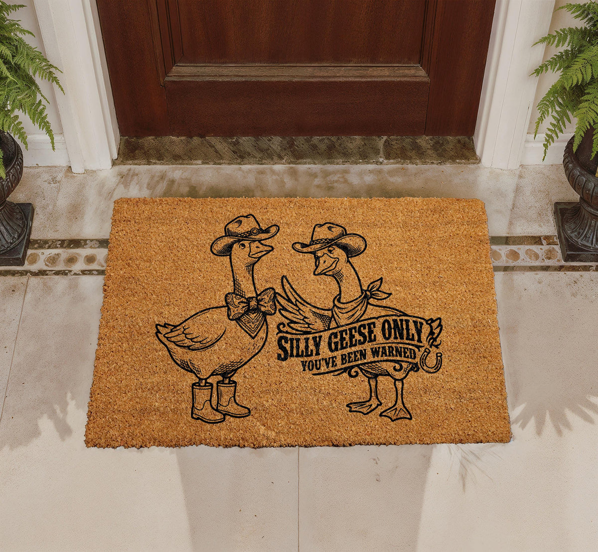 Silly Geese Only Doormat, Cowboy Theme Coir Mat, Rustic Farmhouse Welcome Rug