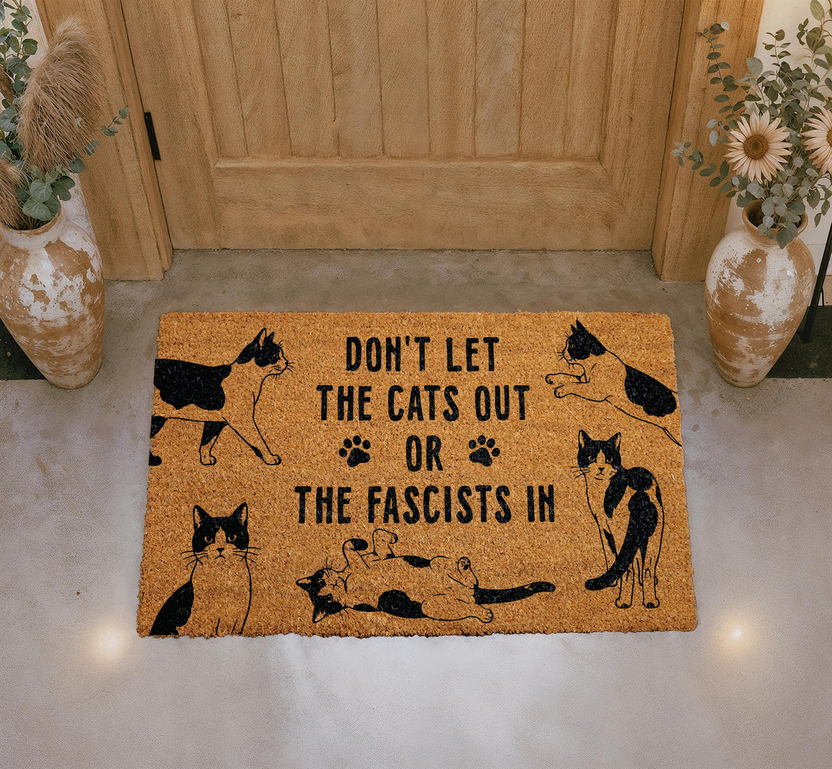 Don’t Let The Cats Out Or The Fascists In Doormat, Funny Cat Welcome Mat, Political Humor Door Mat, Anti-Fascist Outdoor Mat, Pet Lover Gift