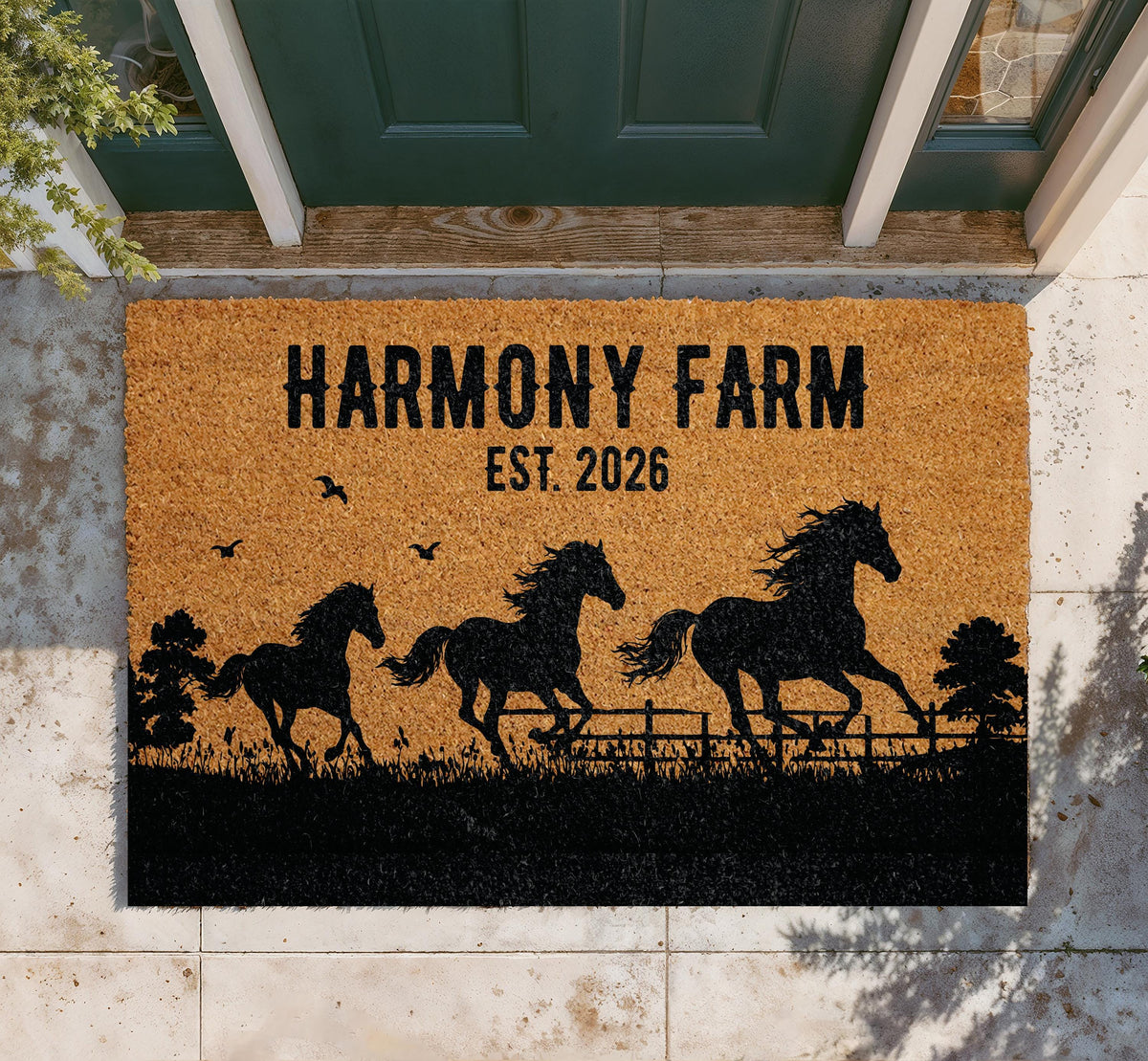Personalized Farm Doormat, Custom Name Welcome Mat, Farmhouse Coir Mat, Western Ranch Outdoor Rug, Entryway Door Mat, Horse Lover Decor Gift