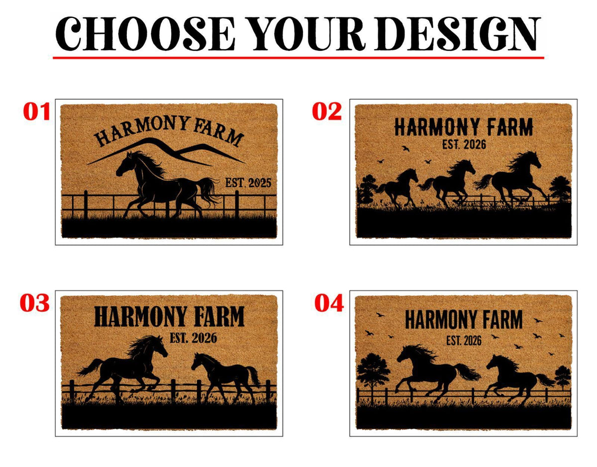 Personalized Farm Doormat, Custom Name Welcome Mat, Farmhouse Coir Mat, Western Ranch Outdoor Rug, Entryway Door Mat, Horse Lover Decor Gift