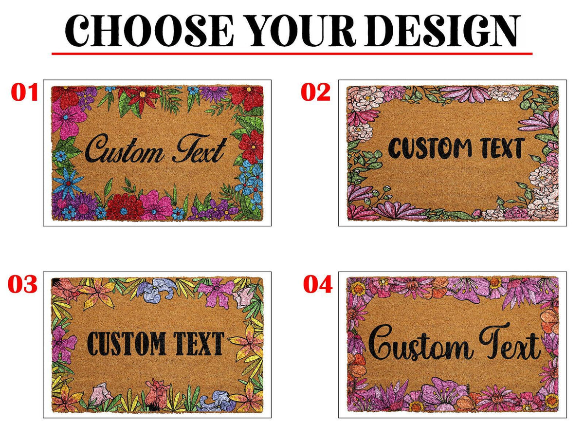 Personalized Floral Coir Doormat, Custom Botanical Welcome Mat, Vibrant Flowers