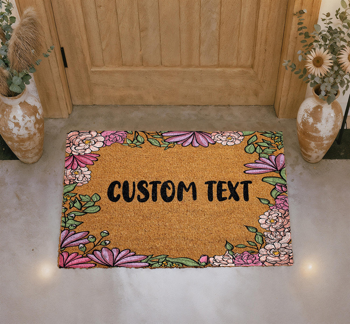 Personalized Floral Coir Doormat, Custom Botanical Welcome Mat, Vibrant Flowers