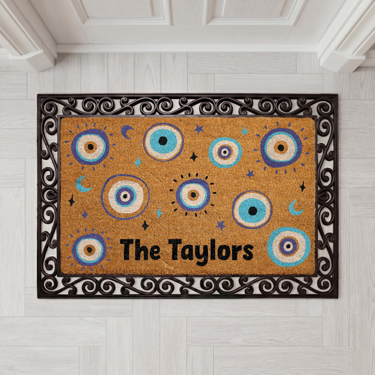 Custom Evil Eye Family Name Doormat, Celestial Moons Stars Welcome Mat (Coir)