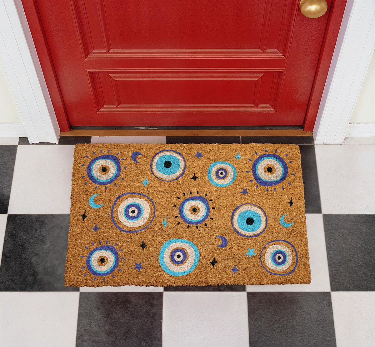 Custom Evil Eye Family Name Doormat, Celestial Moons Stars Welcome Mat (Coir)