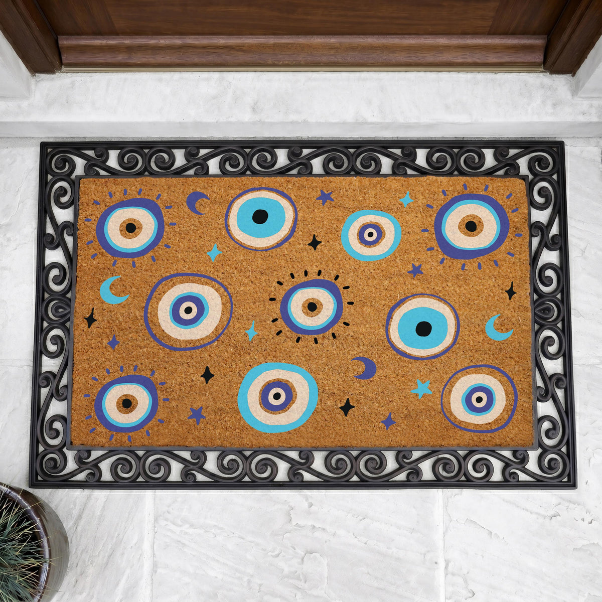 Custom Evil Eye Family Name Doormat, Celestial Moons Stars Welcome Mat (Coir)